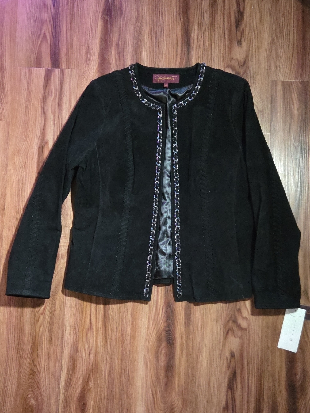 Halston Heritage Black Suede Chain-Trim Open Jacket Size Large